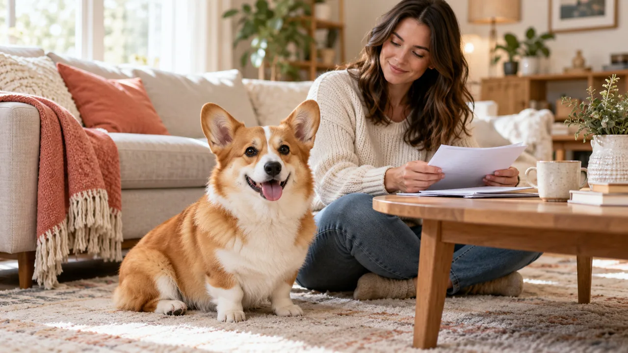 Corgi sitting near an owner reviewing papers